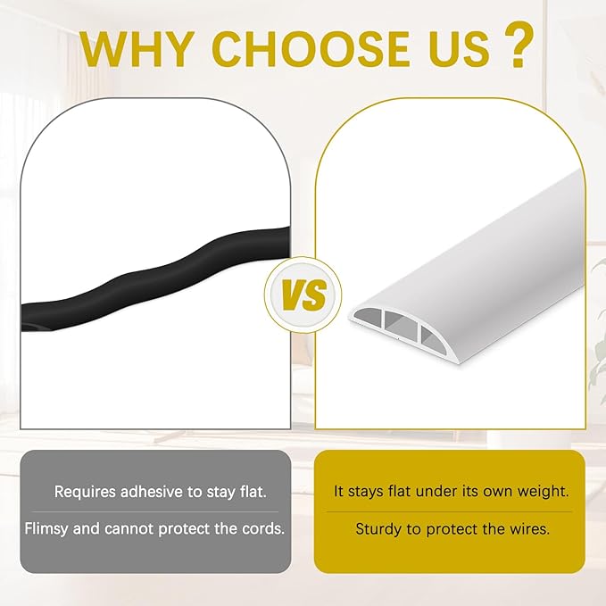 Floor Cord Cover 10FT Cord Covers for Wires on Floor Protect Wires & Prevent Trip Hazards, Easy to Cut for Home, Office, School, Concerts, Cavity W0.6in x H0.32in