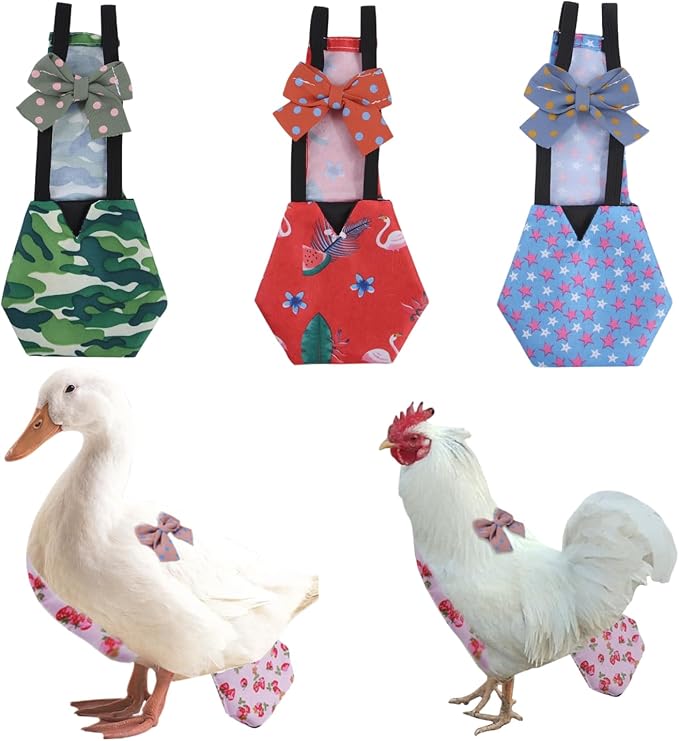 MANON ROSA Chicken Diapers Bantam Hens - Reusable 3-Piece Set with Bow Ties Poultry Nappies Washable Waterproof for Geese Pet Ducks Silkie (Graphic M)