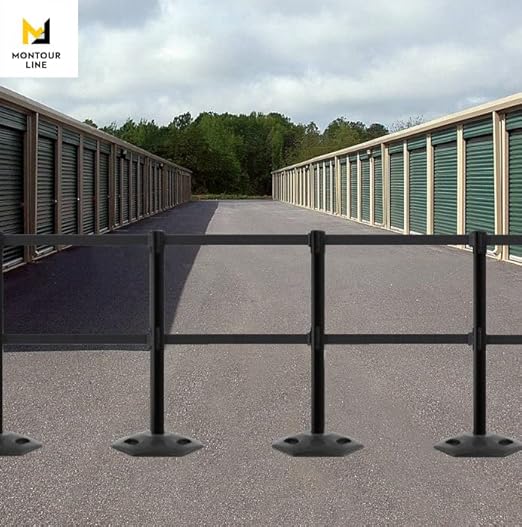 Montour Line MSR630D Set of 2 Retractable Belt Barrier Stanchion, Heavy-Duty Rubber Base, Red Post (11 ft Orange Dual Belt)