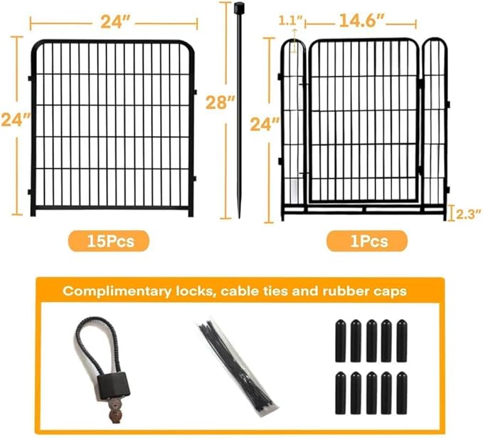 24 in(H) Decorative Garden Fence with Gate,16 Panels Total 31.4 Ft(L) Heavy Duty Iron Animal Barrier Fence for Yard,Suitable for Indoor Pet Or Outdoor Dog Fencing, Garden Border Fence