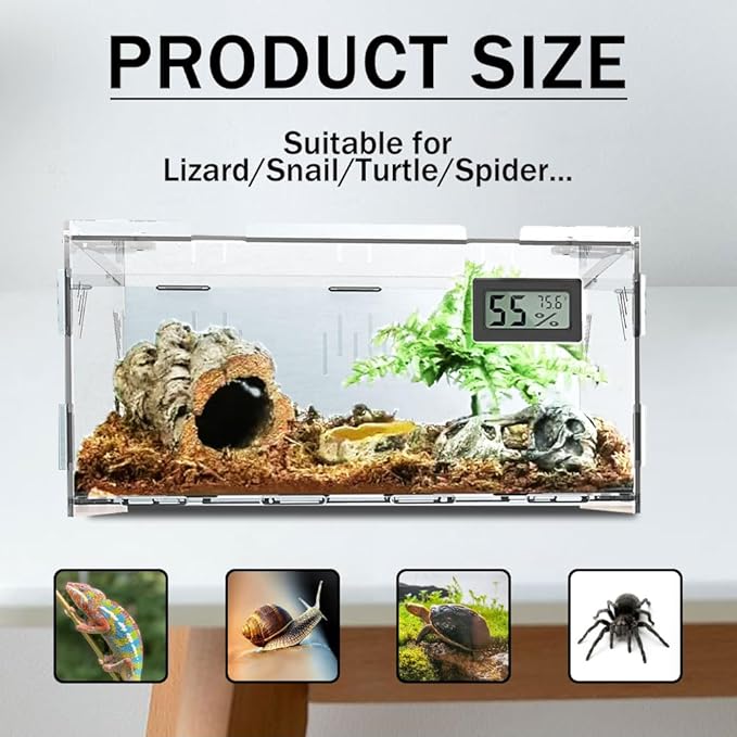 Reptile Terrariums, with Temperature Hygrometer, 11.8"x7.9"x5.9" Acrylic Reptile Breeding Box Terrarium Cage Tank for Small Reptile Insect Home Office