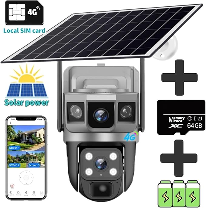 for Outdoor Camera Battery CCTV Monitor 4G SIM Card Network IP Security Pet Camera Motion Detection 3 Screen PTZ Camera(4G CCTV 64G Card)