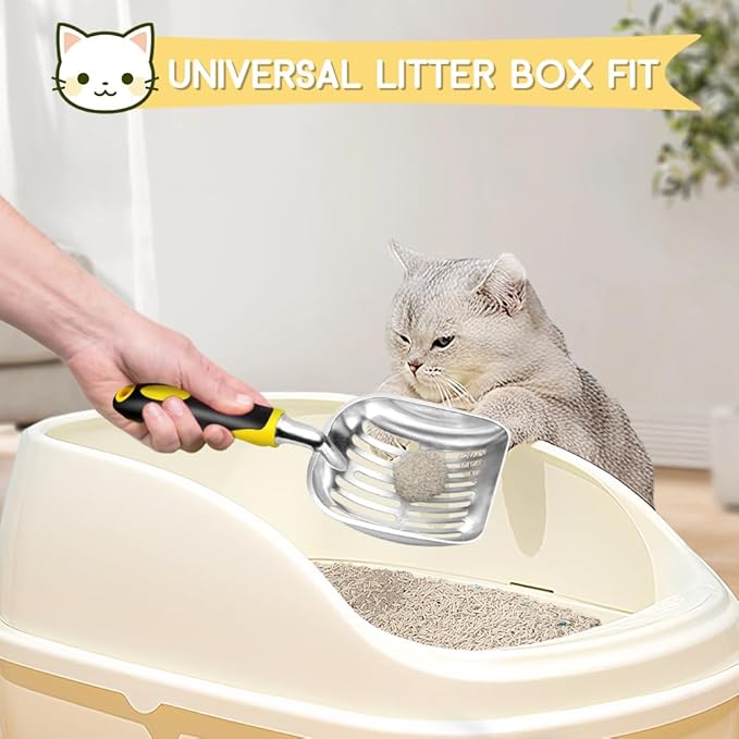 Cat Litter Scoop, Metal Cat Scooper, Rubber Handle Scoop, Sifting Shovel – Heavy Duty Aluminum Alloy Litter Box Scoop with Deep Mesh, Design for Easy Waste Removal and Cleaning(Yellow)