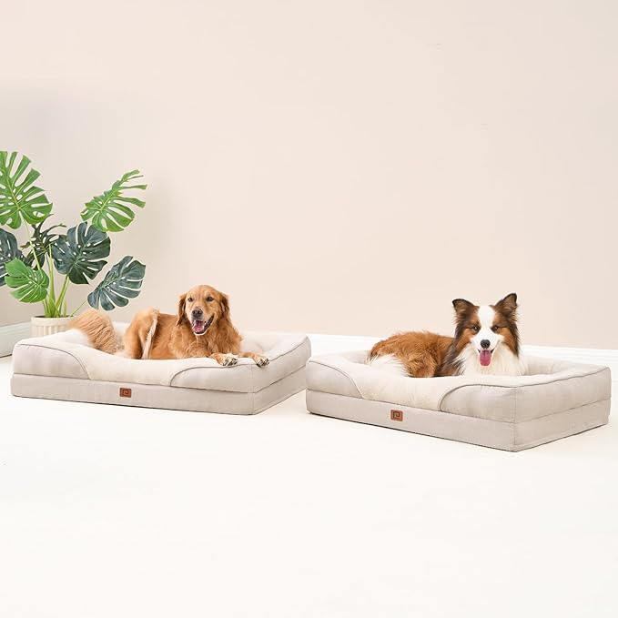 EHEYCIGA Orthopedic Dog Bed for Medium Dog, 30x20x6.5 Inch Memory Foam Dog Couch Bed with Sides, Waterproof Liner & Washable Removable Cover, Bolster Pet Sofa, Beige
