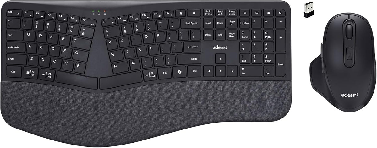 Adesso WKB-7500CB Wireless Ergonomic Keyboard and Mouse Combo, Black