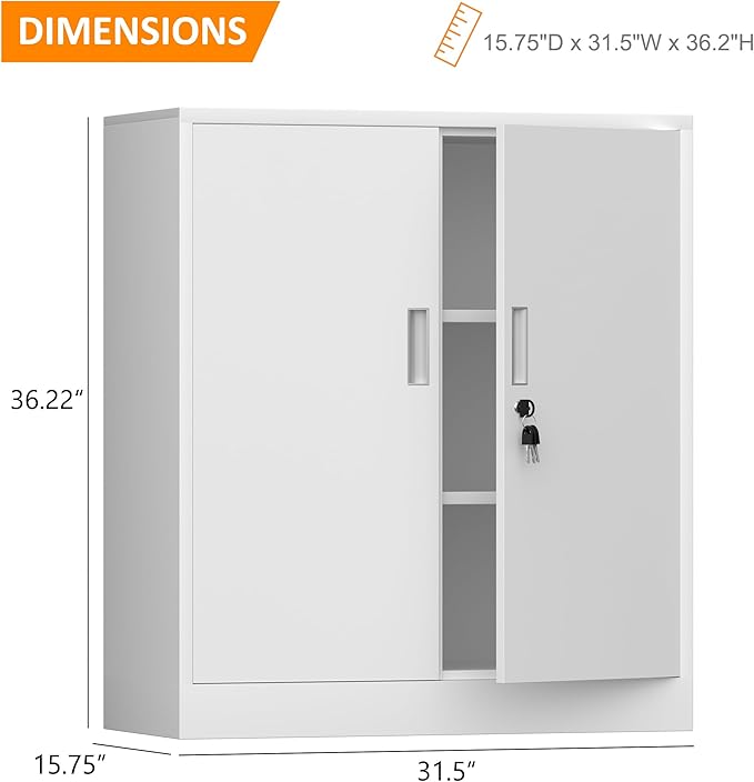 Metal Storage Cabinet with Locking Doors and 2 Adjustable Shelves, Small Lockable Steel Storage Cabinets for Home Office Garage Kitchen Pantry (White)
