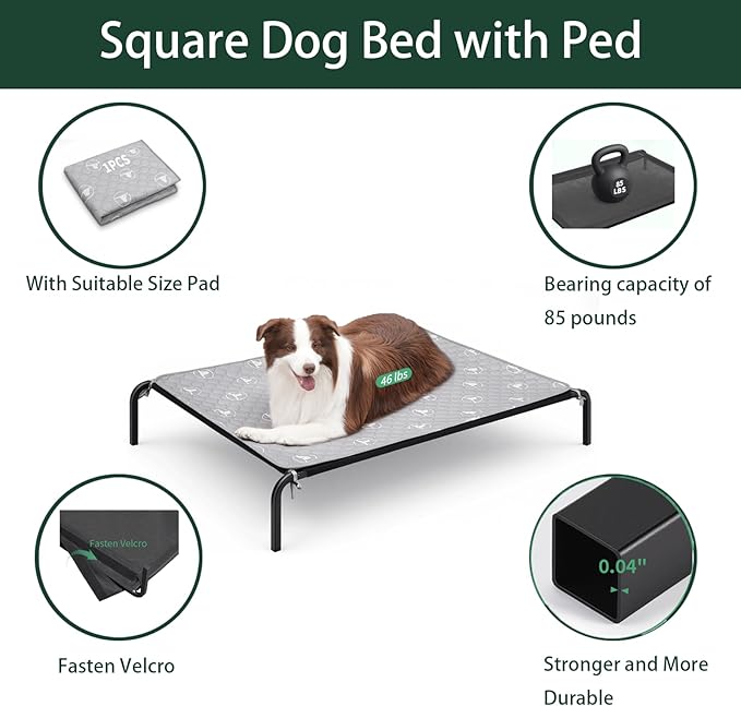 PJYuCien Elevated Dog Bed with Pad for Large Dogs, 48'' Raised Cooling Dog Cot with Breathable Mesh & Absorbent Pee Pad, Sturdy Frame, Non-Slip Feet, Indoor & Outdoor Use