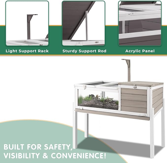 Tortoise Habitat Tank Indoor Outdoor, Wooden Tortoise House with Detachable Legs, 2-Room Reptile Turtle Enclosure Cage for Small Animals, Lamp Holder,Leakproof Tray, Grey