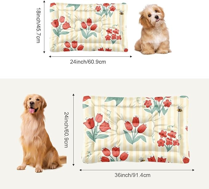 Red Floral Yellow Striped Dog Beds & Furniture Dogbed Mat Machine Washable Dog Crate Pads Crate Bed Washable Non-Slip Puppy Bed for for Small Dogs Mat Pillows Indoor Outdoor 24X18 Inch