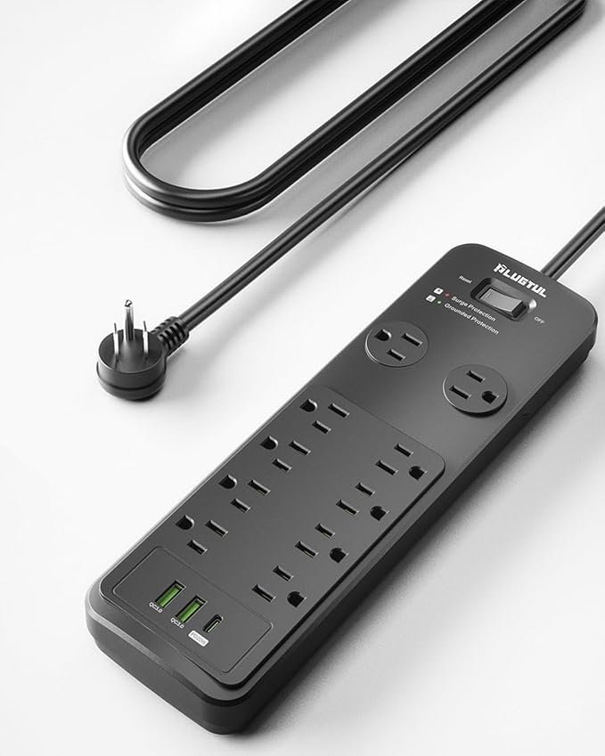 Surge Protector Power Strip 20FT, PLUGTUL Surge Protector with 10 Outlets - Spacious Design for Large Plugs, Flat Plug, 20W USB C Charging for Home, Office, ETL Listed, 2040J