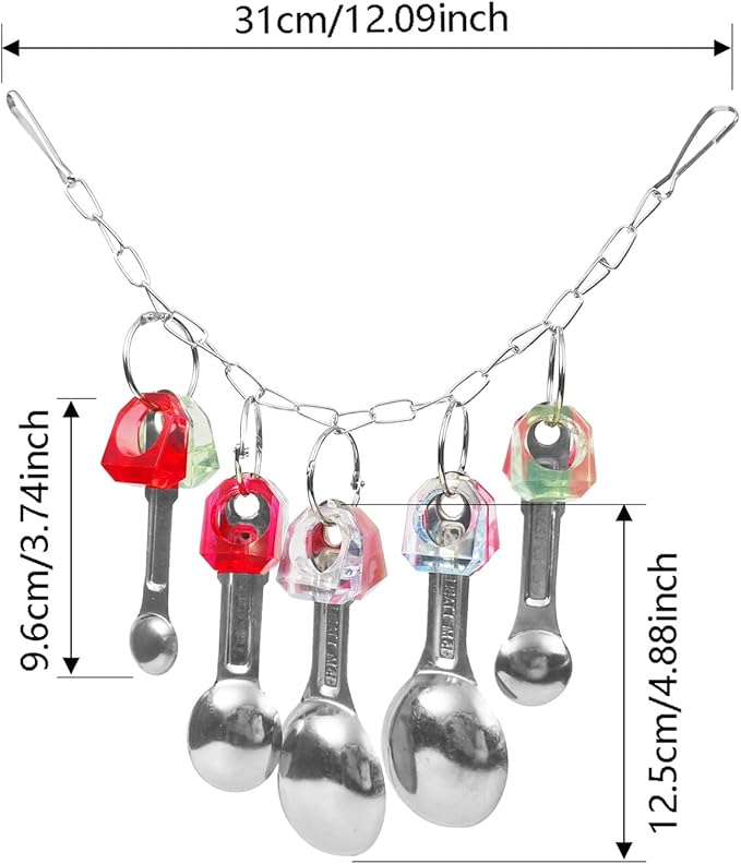 Bird Chew Toys, Shiny Stainless Steel Spoon and Colorful Acrylic Rings Cage Toys, for Medium Large Macaws Parakeets Cockatoos Amazon Conures Budgie Lovebirds Finches African Grey Parrot