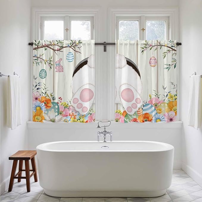 Easter Kitchen Tier Curtains 45 Inch Long 2 Panel Set, Rod Pocket Short Window