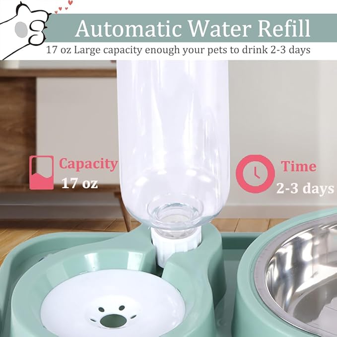 Dog Bowls, Non-Slip Puppy Cat Food and Water Bowl Set with Water Dispenser and Stainless Steel Bowl Detachable Gravity Pet Feeder and Waterer Set for Cats Dogs Puppy Rabbit (Blue, 500ML)
