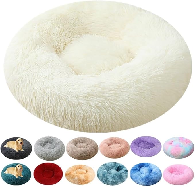 Large Calming Dog Bed, 47 Inch Anti-Anxiety Donut Dog Cuddler Cat Bed, Warming Cozy Soft Dogs Round Bed, Fluffy Faux Fur Machine Washable Pet Cushion for Medium Large Dogs & Cats (White)
