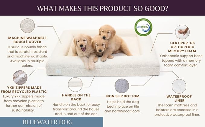 Luxury Boucle Orthopedic Memory Foam Dog Bed with Waterproof Liner and Machine Washable Cover with YKK Zippers (Small, 29" L x 23" W x 6" Th, Ocean Blue)