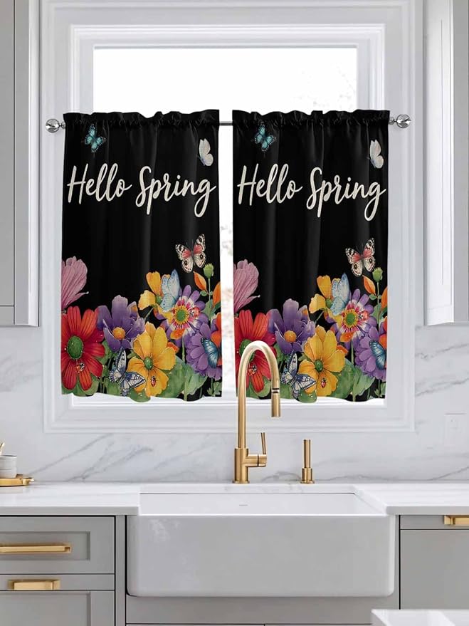 Spring Flowers Kitchen Curtains 54 Inches Length, Watercolor Country Colorful
