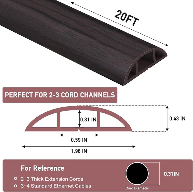 Floor Cord Cover Self Adhesive Cord Hider Floor Extension Cord Covers for Floor Power Cord Protector Cable Management Prevent Cable Trips Cable Cavity 0.59" W x 0.31" H (Dark Walnut, 20Ft)