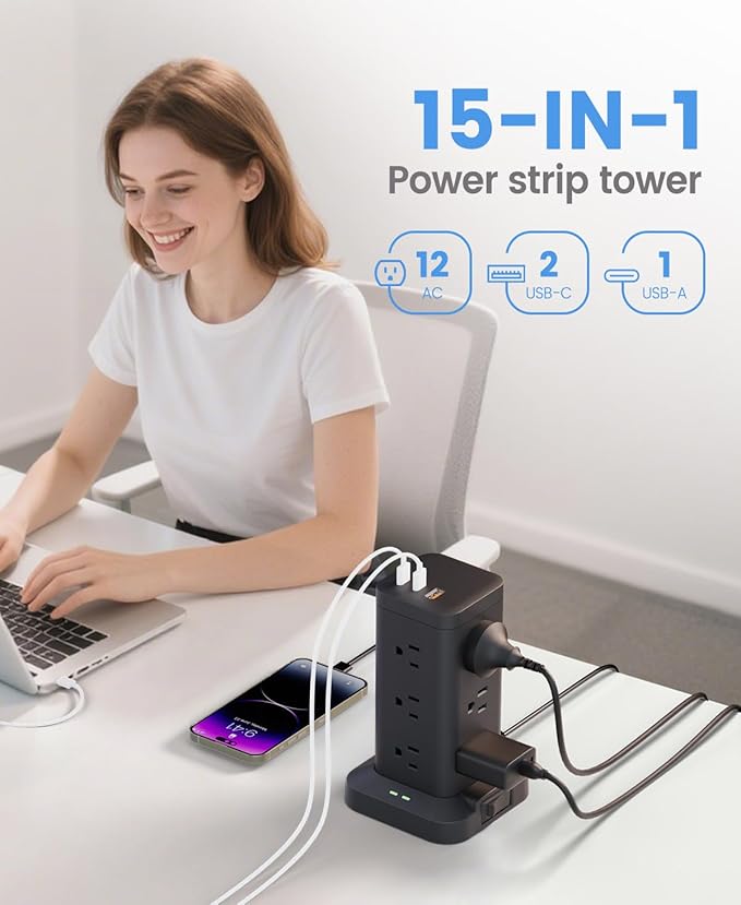 Power Strip Tower with Surge Protector 1800J, Fast Charging Tower PD20W USB-C Ports with 12 AC Outlets, 10ft Extension Cord for Home Office Dorm Room, Black
