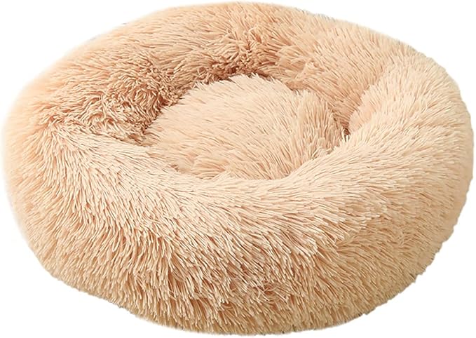 Calming Faux Fur Dog Beds Calming Donut Cuddler Dog Bed Washable Round Cat Bed Pillow Cuddler Fluffy Indoor Dog Calming Beds with Anti Slip Bottom Solid Color Champagne 47 Inch