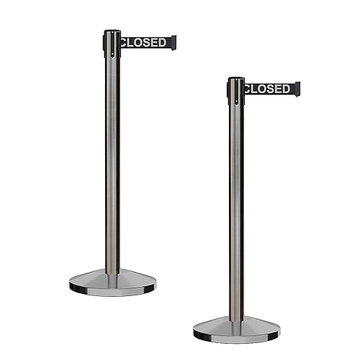 CCW Series RBB-100 - Set of 2 Stanchion Retractable Belt Barriers (9 Foot Belt, Black with"This LINE Closed" White Letters Belt with Satin Stainless Steel Post)