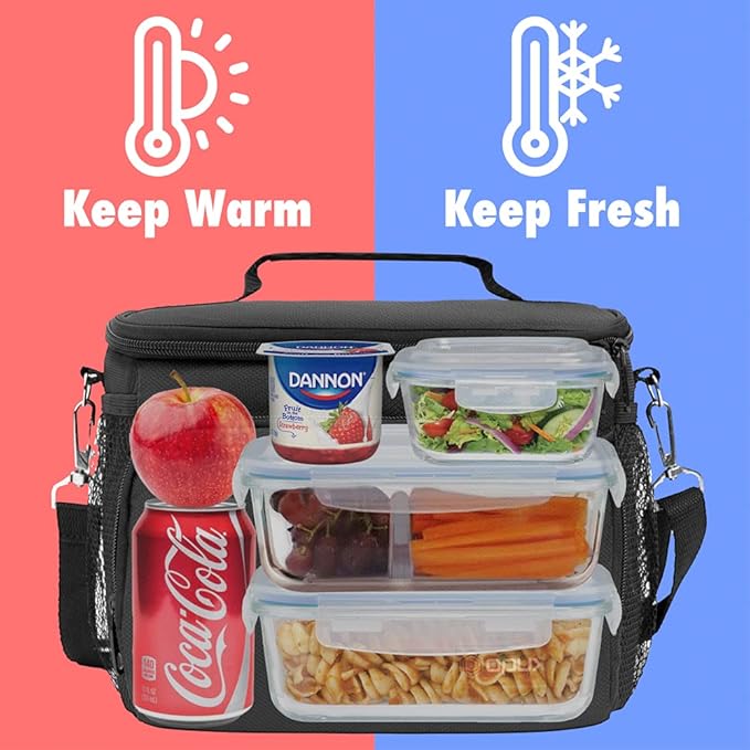 opux Insulated Lunch Bag for Men Women, Soft Lunch Box for Office Work School Picnic, Leakproof Lunch Cooler Bag with Shoulder Strap for Kid Adult Boy Girl, Medium Lunchbox Lunch Tote (Black)