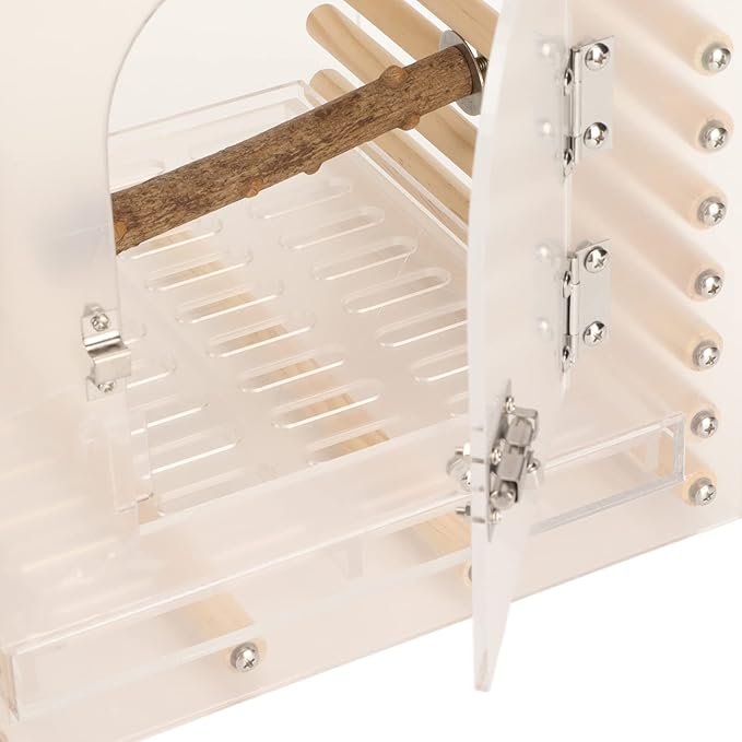 Zerodis Portable Bird Cage, Small Transparent Travel Bird Carrier with Delicate Carrying Handle Grip Wooden Acrylic Stainless Steel Material Birdcage with Lock