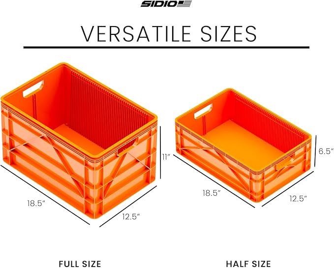 SIDIO Crate Basic Pack - 2 Full-Size & 1 Half-Size Heavy Duty Stackable Storage Bins, Totes and Containers with Dividers - Durable Plastic Organizer for Home, Office, Garage, and Outdoor Use, Orange