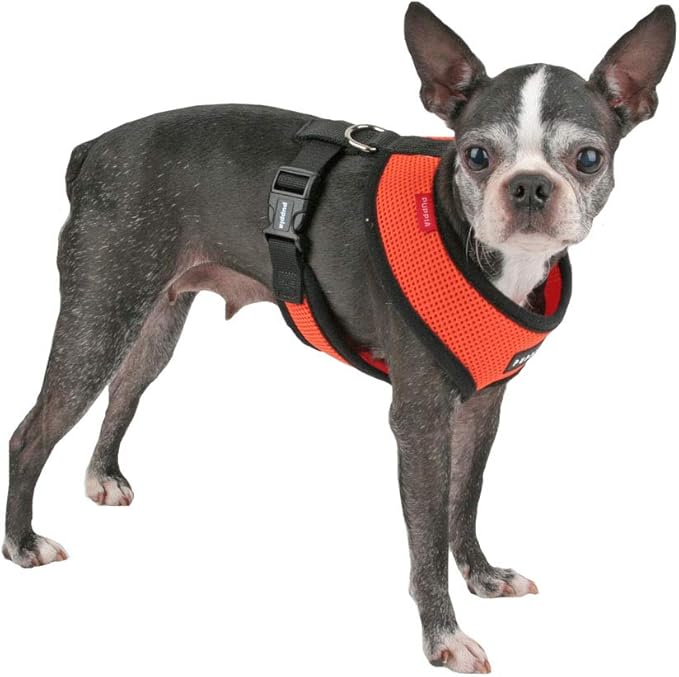 Puppia Soft Dog Harness No Choke Over-The-Head Triple Layered Breathable Mesh Adjustable Chest Belt and Quick-Release Buckle, Orange, Small
