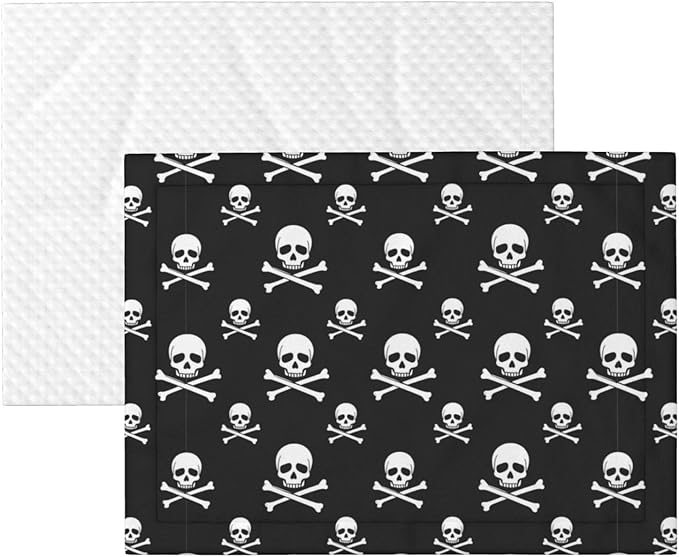 Double Sided Plush Pet Blanket for Small Large Animals, Skull and Crossbones, Reversible Throw with Dimpled Dot Side and Flat Side for Kennels Living Rooms