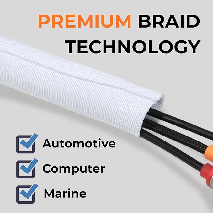 3/8 inch Split Braided Cable Management Sleeve for USB Cable Power Cord Audio Video Cable, High-Temperature Automotive Harness Wire Loom Cord Protector from Cat Dog Chewing (White, 10FT)