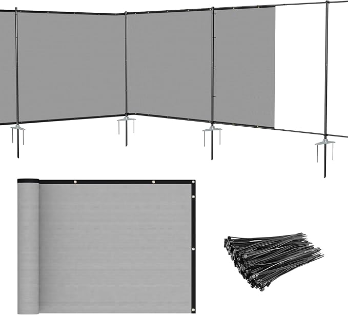 Patio 5' x 35' Outdoor Privacy Screen Freestanding Temporary Fence Panels Net Cover with Metal Poles for Outside Backyard Pool Garden Air Conditioner Fencing, Light Gray
