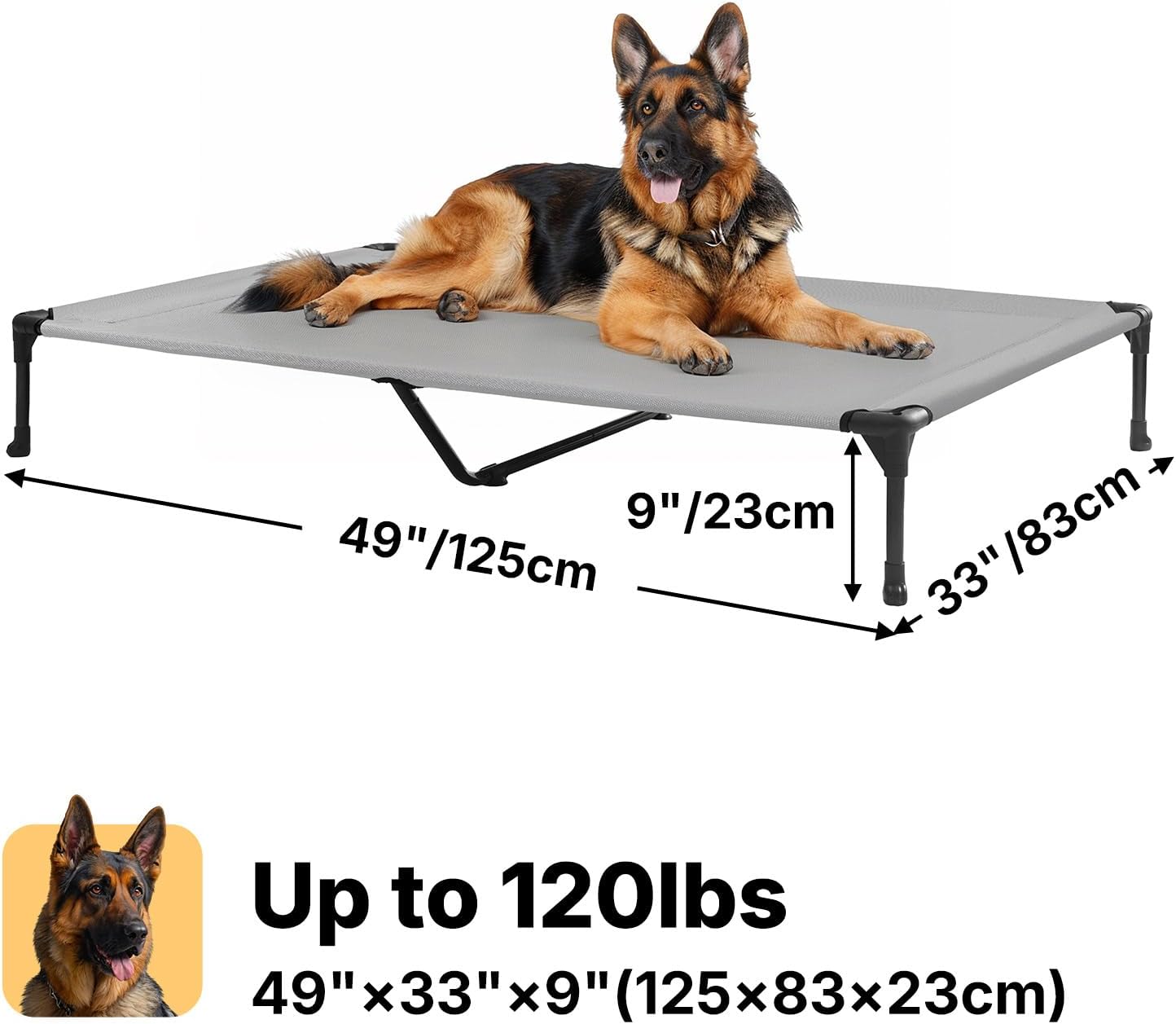 Veehoo Outdoor Elevated Dog Cot Bed, Cooling Raised Pet Bed for X-Large Dog, Washable Breathable Mesh Hammock Bed with No-Slip Feet, Indestructible Ground Off Training Platform Cot-49"x33" Grey