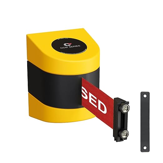 Crowd Control Warehouse - CCW Series WMB-230 Magnetic Wall Mount Retractable Belt Barrier - 30 Foot Belt, Yellow Horizontal Reflective Stripe Belt with Yellow ABS Case
