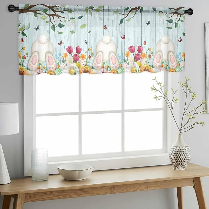 Easter Sheer Valances for Windows 42"x18", Light Filtering Kitchen Curtains