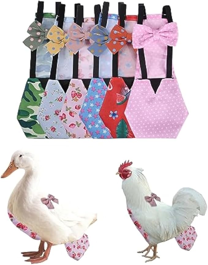 MANON ROSA Chicken Diapers Bantam Hens - Reusable 6-Piece Set with Bow Ties Poultry Nappies Washable Waterproof for Geese Pet Ducks Silkie (6D XS)