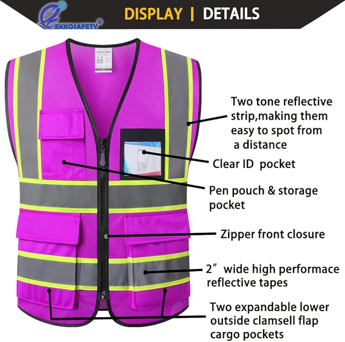 Purple Safety Vest for Men Women Reflective with 8 Pockets and Zipper Front Mesh High Visibility Vest Hi Vis Construction Work Vest,Meets ANSI/ISEA Standards(EKH1-Purple-M)