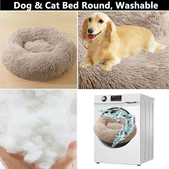 Donut Dog Bed Cat Bed, 20 Inch Round Fluffy Dog Beds for Small Dogs and Cats, Anti-Anxiety Donut Dogs Cuddler Bed, Washable Pet Bed for Medium Cats (Yellow White)