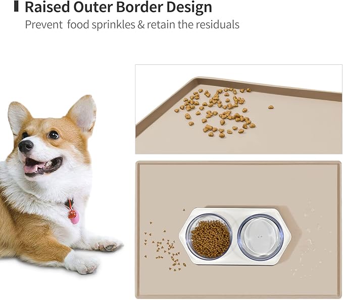 Dog Food Mat,Silicone Waterproof Food Tray,Non Slip Pet Bowl Mats Placemat,0.6" Raised Edge,Suitable for Most Small and Medium Sized Pets,24" x 16"