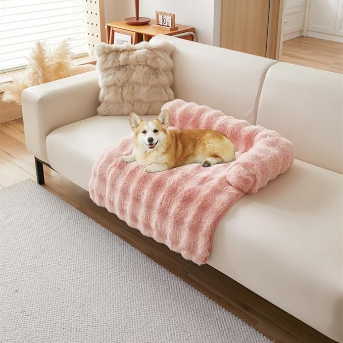 Calming Dog Bed Mat, Fluffy Fuzzy Couch Cover for Sofa, Winter Thickened Pet Mat with Anti-Slip Bottom Warm Soft Cushion Washable Pet Bed for Small Dogs and Cats (Pink, 75x75cm/29.5x29.5in)