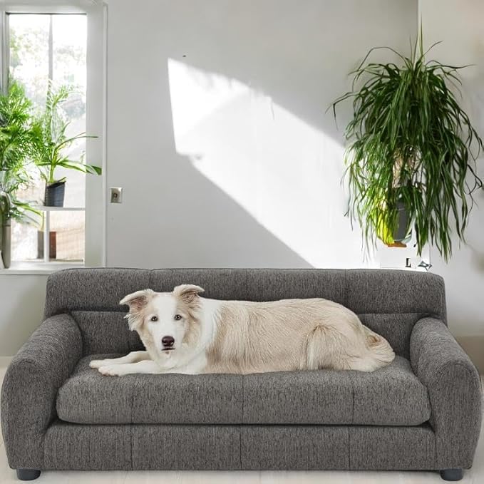 Human Dog Bed with Armrests & Backrest, Cave Dog Bed for Large Dogs, Comfortable Linen Upholstery, Short Sofa Legs for Easy Access, Durable, Stylish Camas para Perros, 38"x14.5"x22" (Dark Gray)