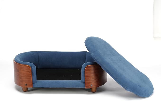 Scandinavian Style Elevated Dog Bed with Solid Wood Frame, Orthopedic Pet Sofa with Removable Washable Cover, Small Size Pet Furniture (Dark Blue + Brown)