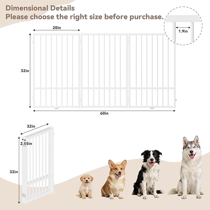 Full Metal Freestanding Dog Gate with Door, 32''Height Foldable Pet Dog Fence for Indoor & Outdoor, 3 Panels Extra Wide Free Standing TallDog Gates for Doorways,House,Stairs,Porch,Deck,Yard