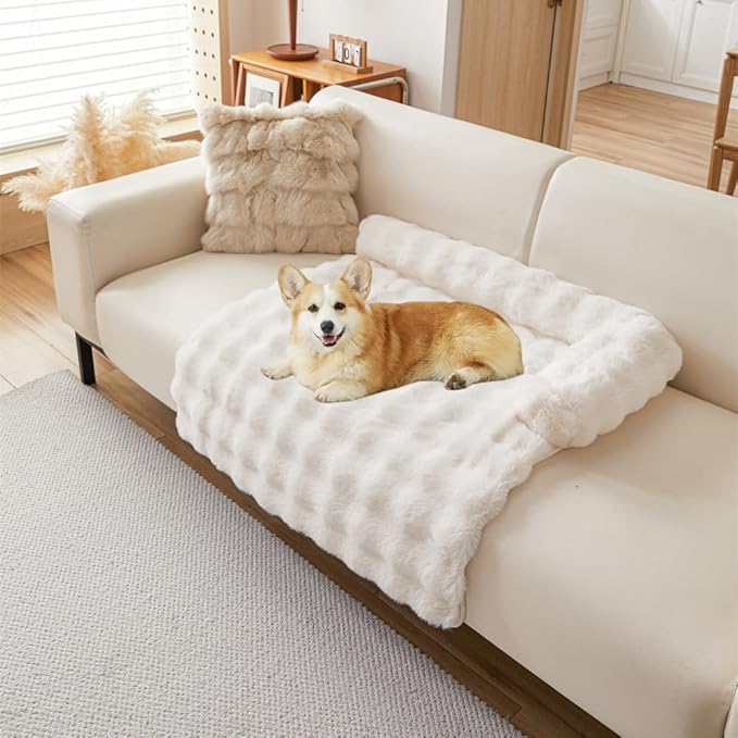 Calming Dog Bed Mat, Fluffy Fuzzy Couch Cover for Sofa, Winter Thickened Pet Mat with Anti-Slip Bottom Warm Soft Cushion Washable Pet Bed for Small Dogs and Cats (White, 75x75cm/29.5x29.5in)