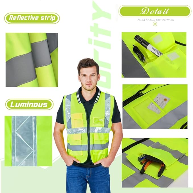 YOWESHOP High Visibility Safety Vest Custom Your Logo Protective Workwear 5 Pockets With Reflective Strips Outdoor Work Vest (L, Black Luminous)