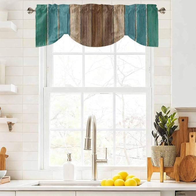 Teal Blue Brown Tie Up Valance Curtains