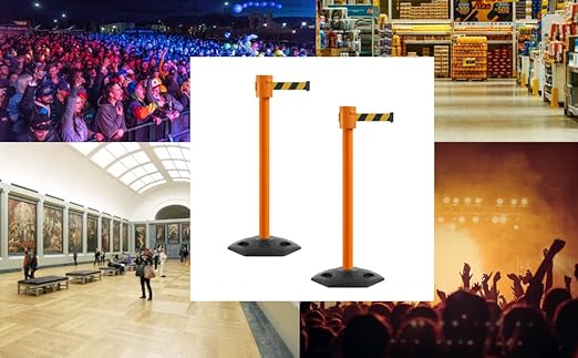 Montour Line MSR760 Set of 2 Retractable Belt Barrier Stanchion, Rubber Base, Orange Post (35 ft Yellow with"Caution - Wet Floor" Black Letters Belt)