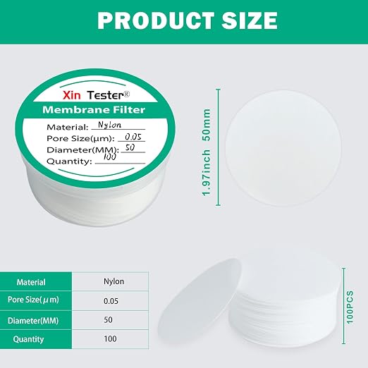 Xin Tester 100 Pieces Nylon Disc Membrane Filters, 50 mm Diameter, 0.05µm Pore