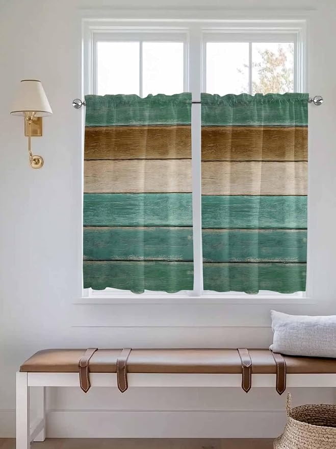 Vintage Plank Turquoise Brown Window Valance Curtains, Farmhouse Wood Grain