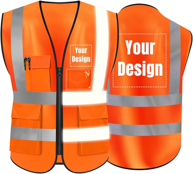 YOWESHOP High Visibility Safety Vest Custom Your Logo Protective Workwear 5 Pockets With Reflective Strips Outdoor Work Vest (Orange (3XL))