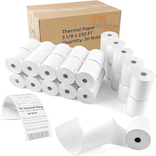 (30 Rolls) 3 1/8" x 230' Thermal Paper, POS Receipt Paper for Retail Business Cash Register, Fits Most Credit Card Terminal Point Of Sale